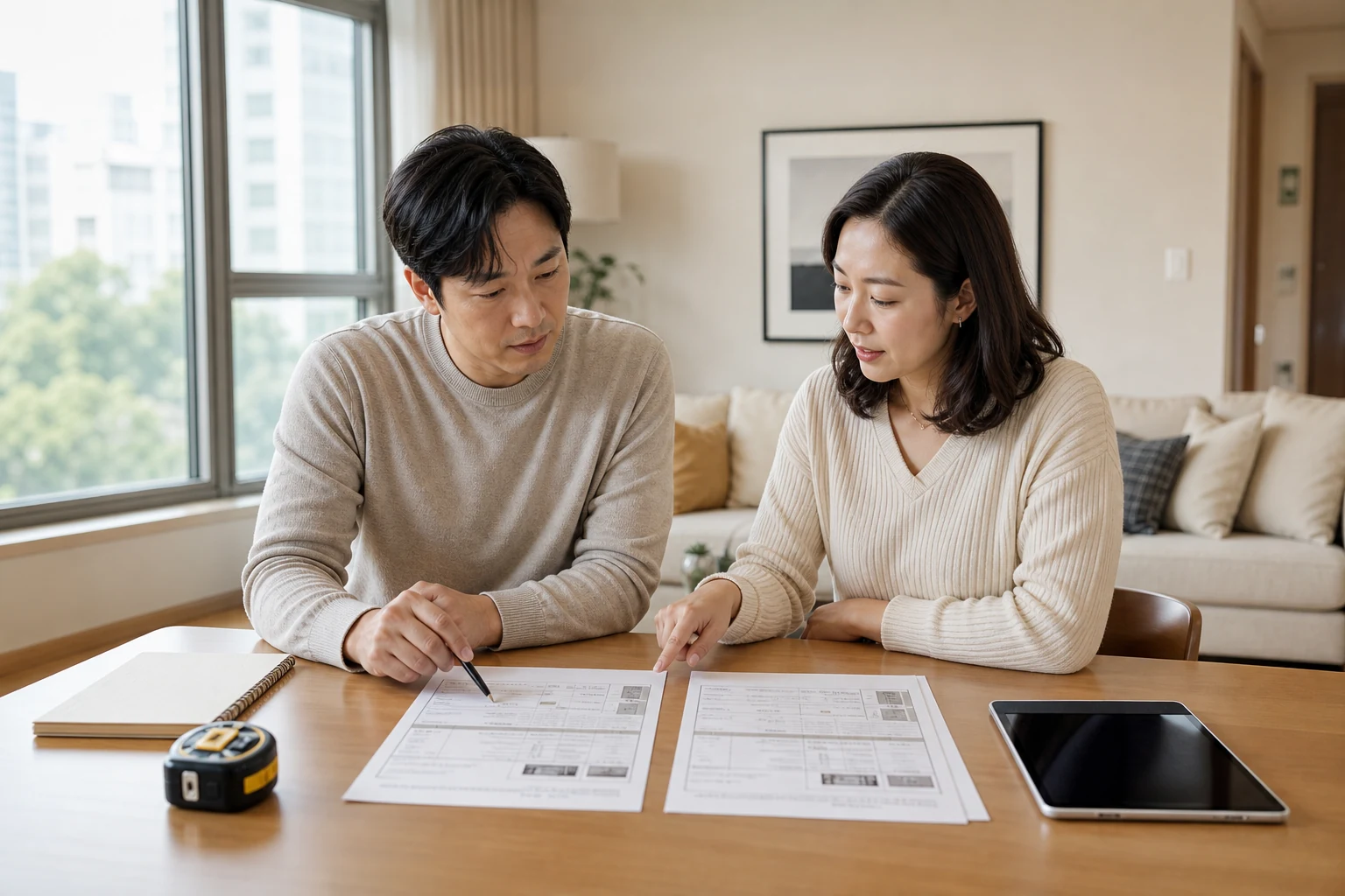 거실 테이블에서 샷시 교체 견적서 두 장을 나란히 비교하는 부부